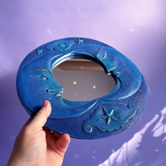 Vintage Blue Celestial Wooden Moon Wall Mirror - Picture 3 of 4